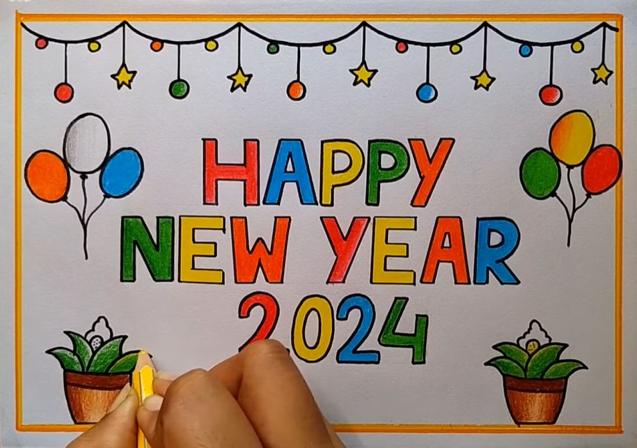 happy new year 2024 pencil art baloon work