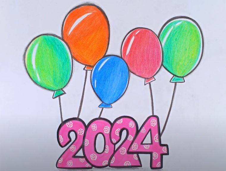 Happy New Year 2024 Drawing with Colour [Easy Work] 2D, 3D